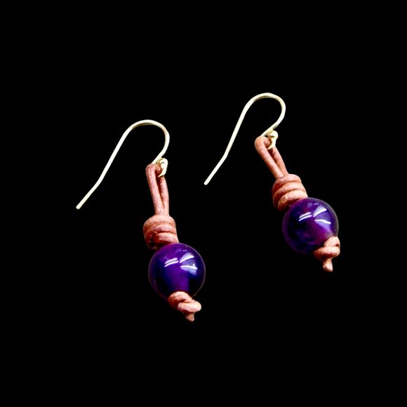 Amethyst Gemstones on Hand Knotted Soft Brown Leather Cord Earrings - Picture 2 of 6